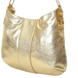 Tory Burch mint newer condition cracked leather Metallic Gold Shoulder Bag